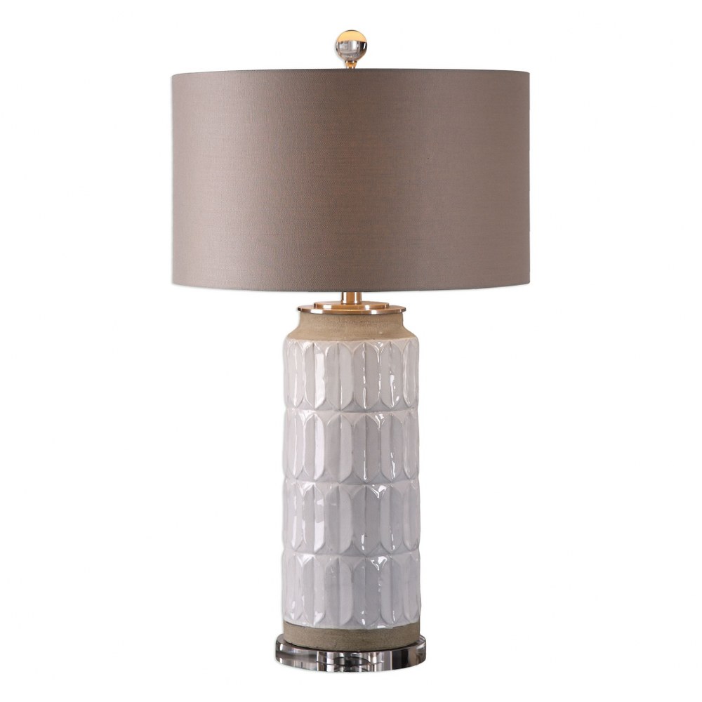 Uttermost-27542-Athilda - 1 Light Table Lamp - 17 inches wide by 17 inches deep   Distressed Gloss White Glaze/Brushed Nickel/Crystal Finish with Beige Linen Fabric Shade