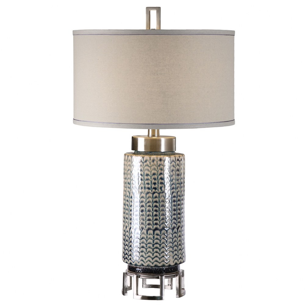 Uttermost-27549-Vanora - 1 Light Table Lamp   Wavy/Cerulean Blue/Drip Glaze/Brushed Nickel Finish with Light Beige Linen Fabric Shade