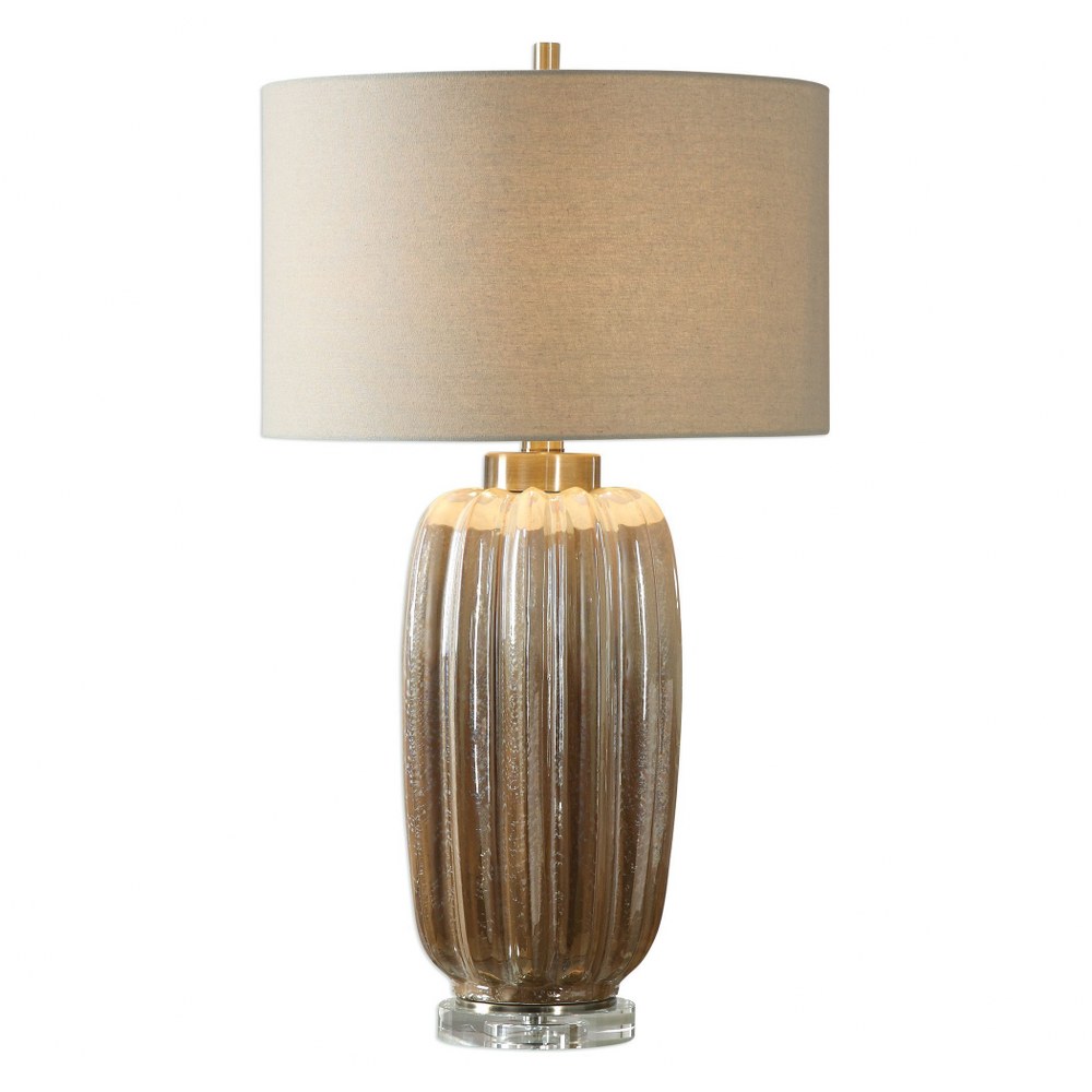 Uttermost-27556-1-Gistova - 1 Light Table Lamp   Two Tone Pearlescent Ivory/Rust Brown Glaze/Brushed Antiqued Gold/Crystal Finish with Light Oatmeal Linen Fabric Shade