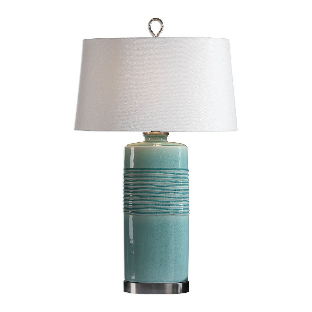 Uttermost-27569-Rila - 1 Light Table Lamp - 19 inches wide by 13 inches deep   Distressed Teal Glaze/Brushed Nickel Finish with Off-White Linen Fabric Shade