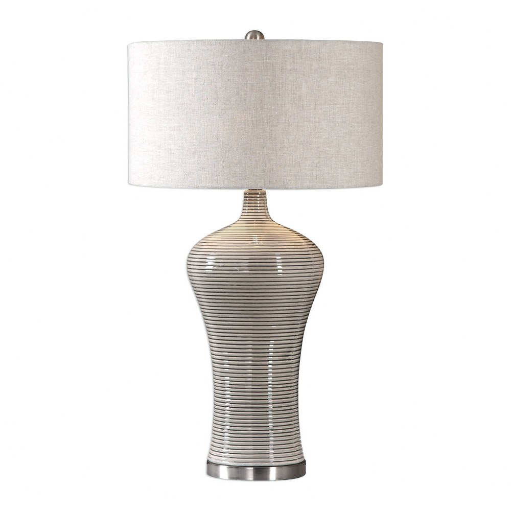 Uttermost-27570-1-Dubrava - 1 Light Table Lamp - 19 inches wide by 19 inches deep   Distressed Light Gray Glaze/Brushed Nickel Finish with Oatmeal Linen Fabric Shade