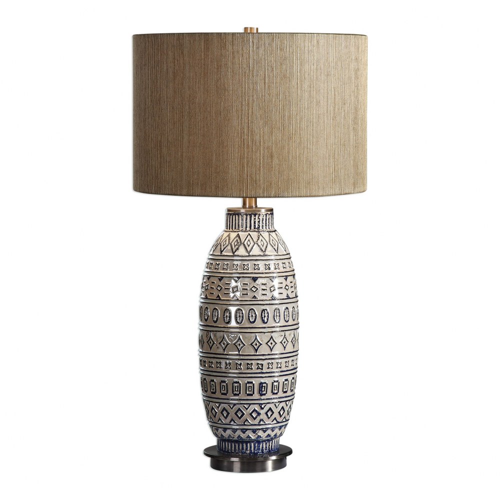 Uttermost-27582-Lokni - 1 Light Table Lamp - 16 inches wide by 16 inches deep   Textured/Aged Ivory/Brushed Nickel Finish with Ivory/Tan Linen Fabric Shade