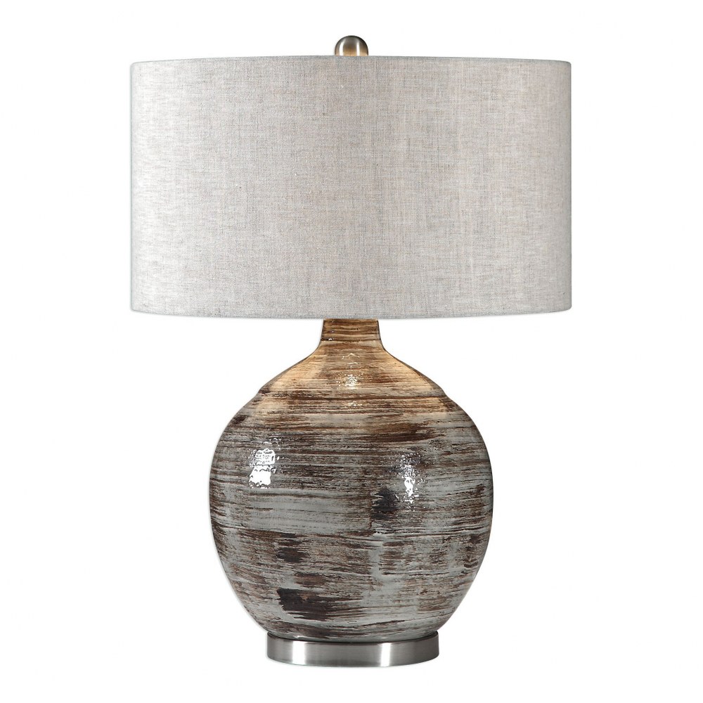 Uttermost-27656-1-Tamula - 1 Light Table Lamp - 19 inches wide by 19 inches deep   Distressed Blue-Gray Glaze/Rust Bronze/Brushed Nickel Finish with Light Beige Linen Fabric Shade