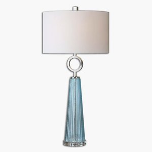 Uttermost-27698-1-Navier - 1 Light Table Lamp - 16.5 inches wide by 16.5 inches deep   Ribbed Texture/Polished Nickel Finish with Seeded Blue Glass with White Linen Fabric Shade