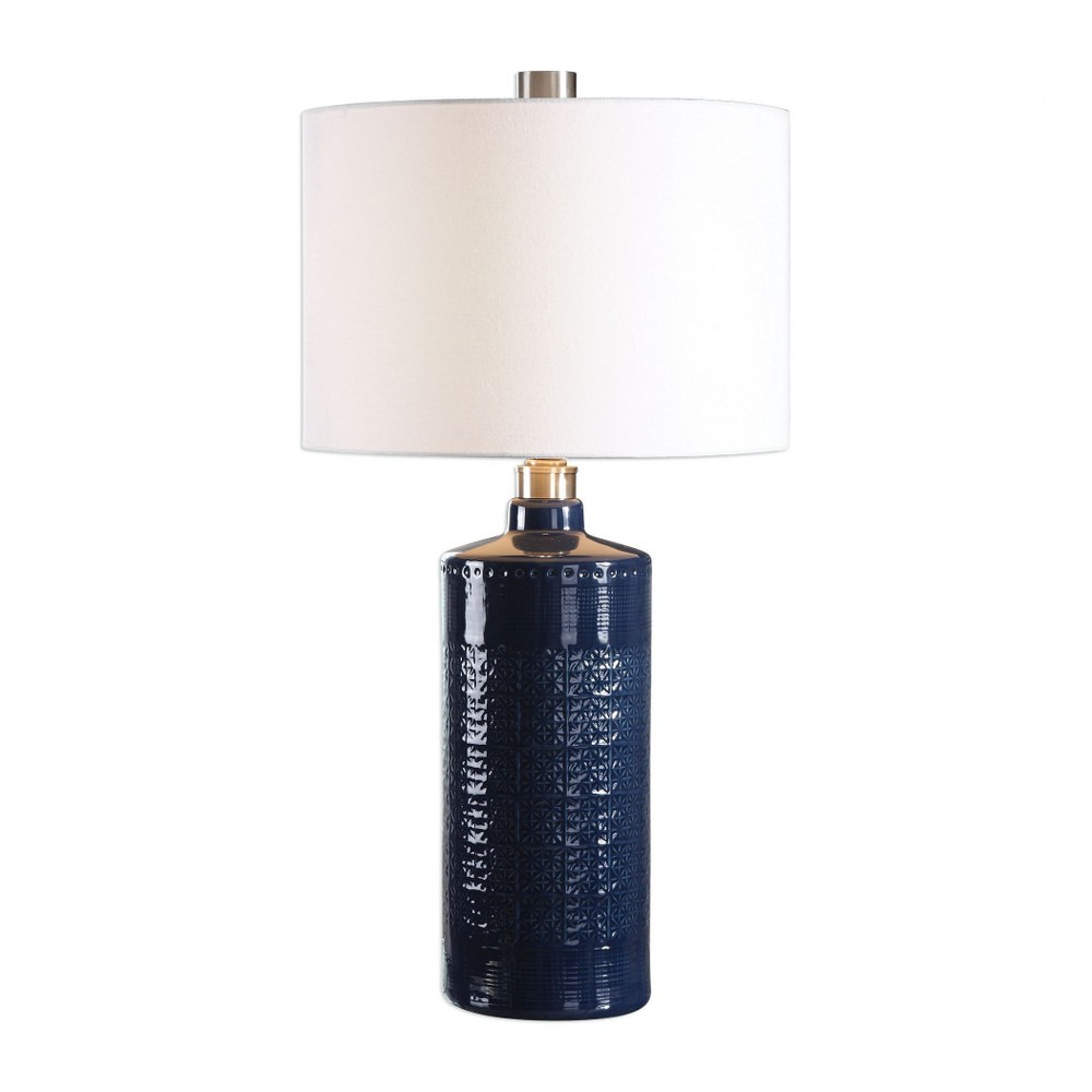 Uttermost-27716-1-Thalia - 1 Light Table Lamp - 16 inches wide by 16 inches deep   Royal Blue Glaze/Brushed Nickel Finish with White Linen Fabric Shade