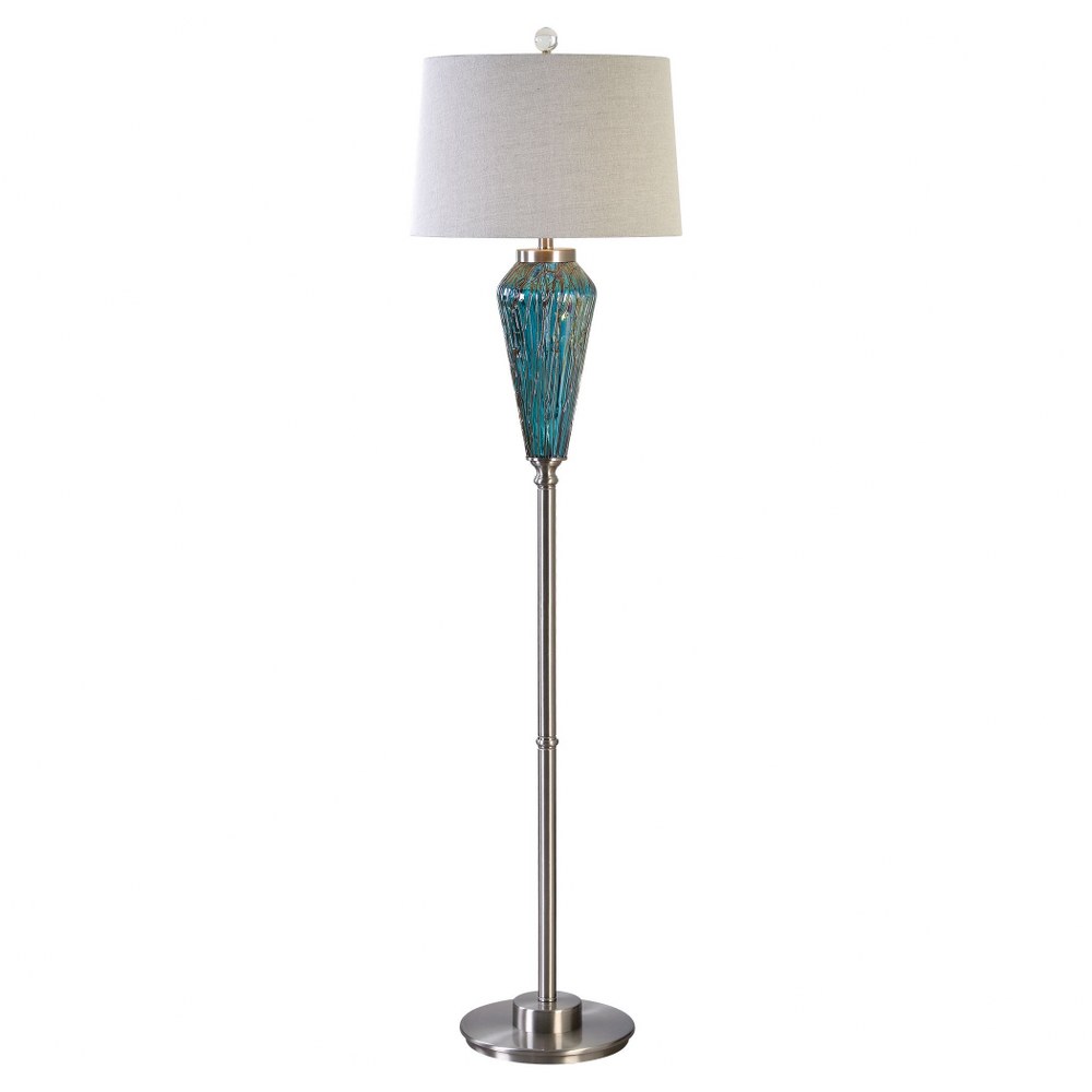 Uttermost-28101-Almanzora - 1 Light Floor Lamp   Bronze Sugar Spun/Brushed Nickel Finish with Blue Glass with Light Beige Linen Fabric Shade