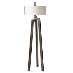 Uttermost-28253-1-Mondovi - 2 Light Modern Floor Lamp - 18 inches wide by 18 inches deep   Antiqued Plated Brushed Bronze/Gold Finish with White Linen Fabric Shade