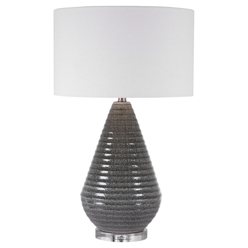 Uttermost-28273-Carden - 1 Light Table Lamp - 17 inches wide by 17 inches deep   Smoke Gray Crackle Glaze/Brushed Nickel/Crystal Finish with White Linen Shade