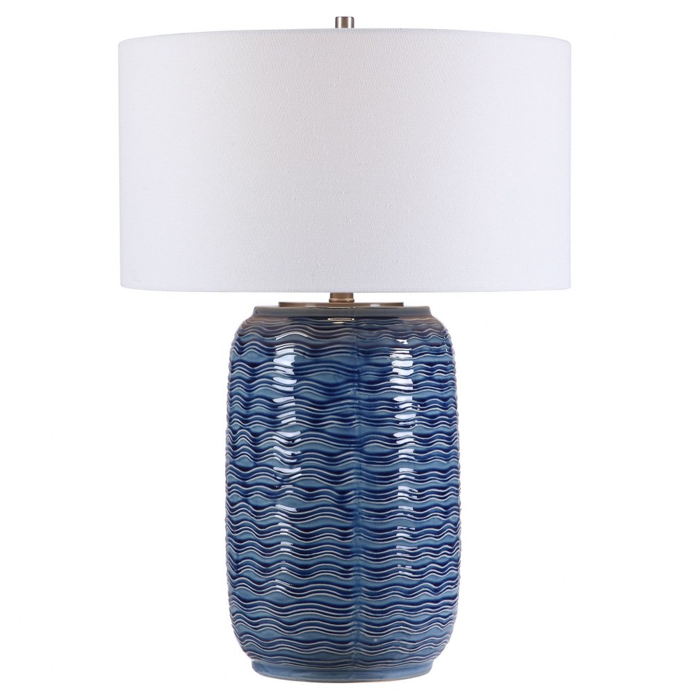 Uttermost-28274-1-Sedna - 1 Light Table Lamp - 18.5 inches wide by 18.5 inches deep   Blue Ceramic/Brushed Nickel Finish with White Linen Fabric Shade