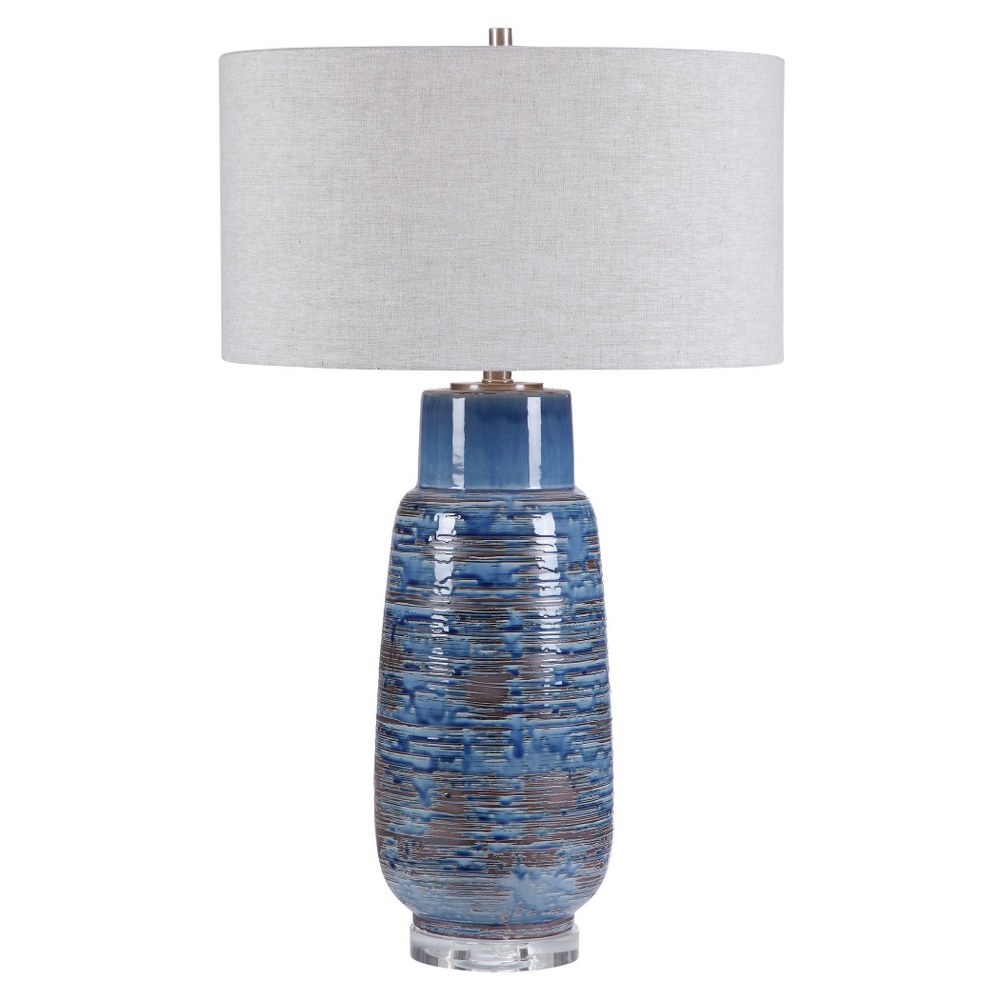 Uttermost-28276-Magellan - 1 Light Table Lamp - 19 inches wide by 19 inches deep   Aged Indigo Blue Drip Glaze/Dark Rust Bronze/Brushed Nickel/Crystal Finish with Light Gray Linen Fabric Shade