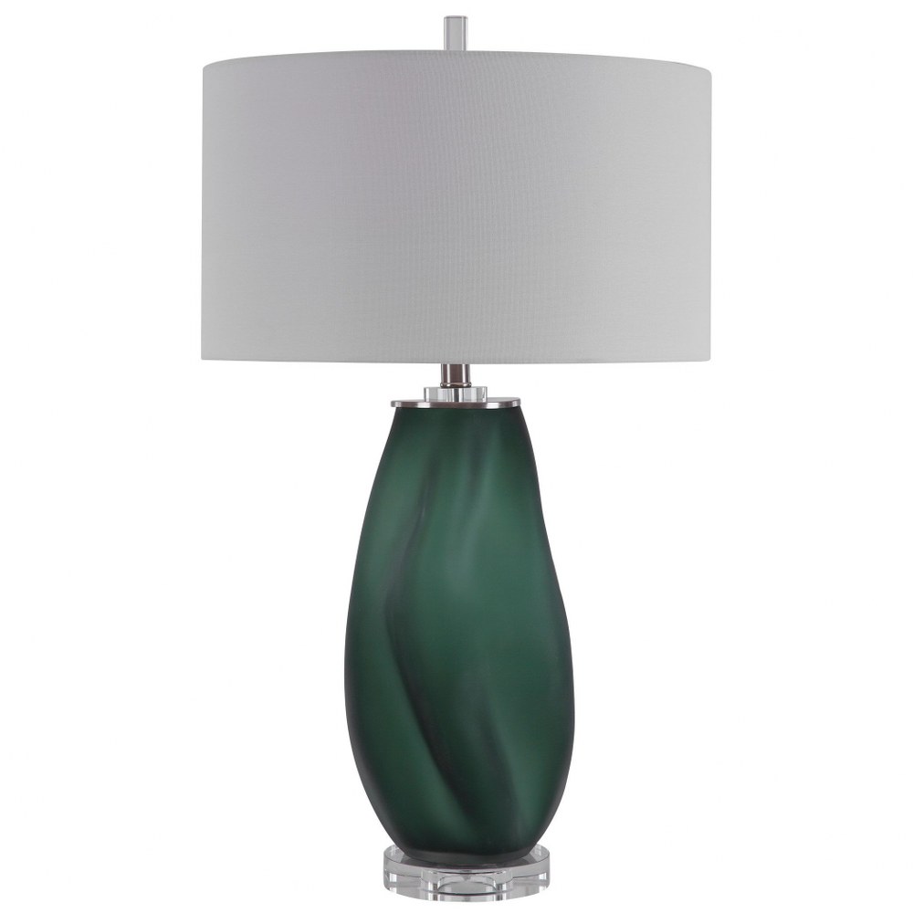 Uttermost-28278-Esmeralda - 1 Light Table Lamp - 17 inches wide by 17 inches deep   Brushed Nickel/Crystal Finish with Frosted Emerald Green Glass with White Linen Fabric Shade