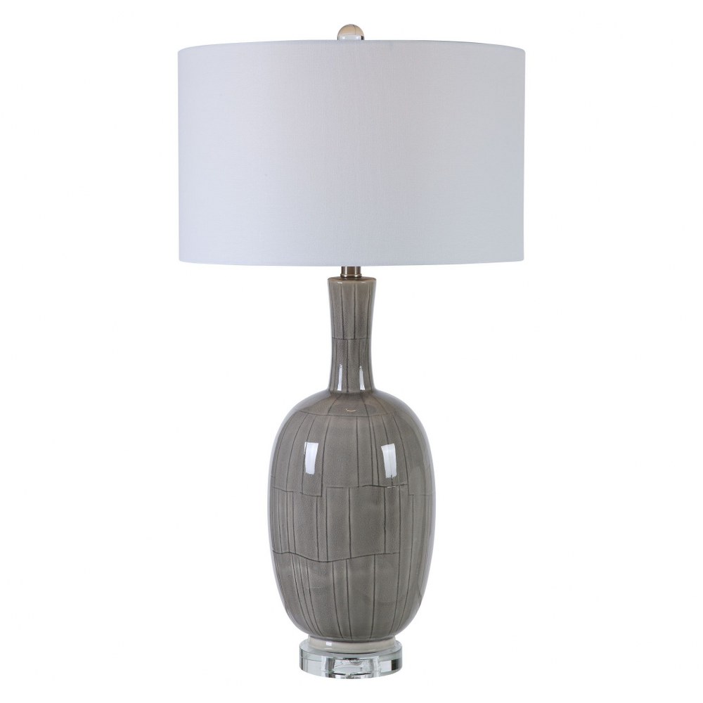 Uttermost-28279-LeAnna - 1 Light Table Lamp - 17 inches wide by 17 inches deep   Light Gray Crackle Glaze/Brushed Nickel/Crystal Finish with White Linen Fabric Shade