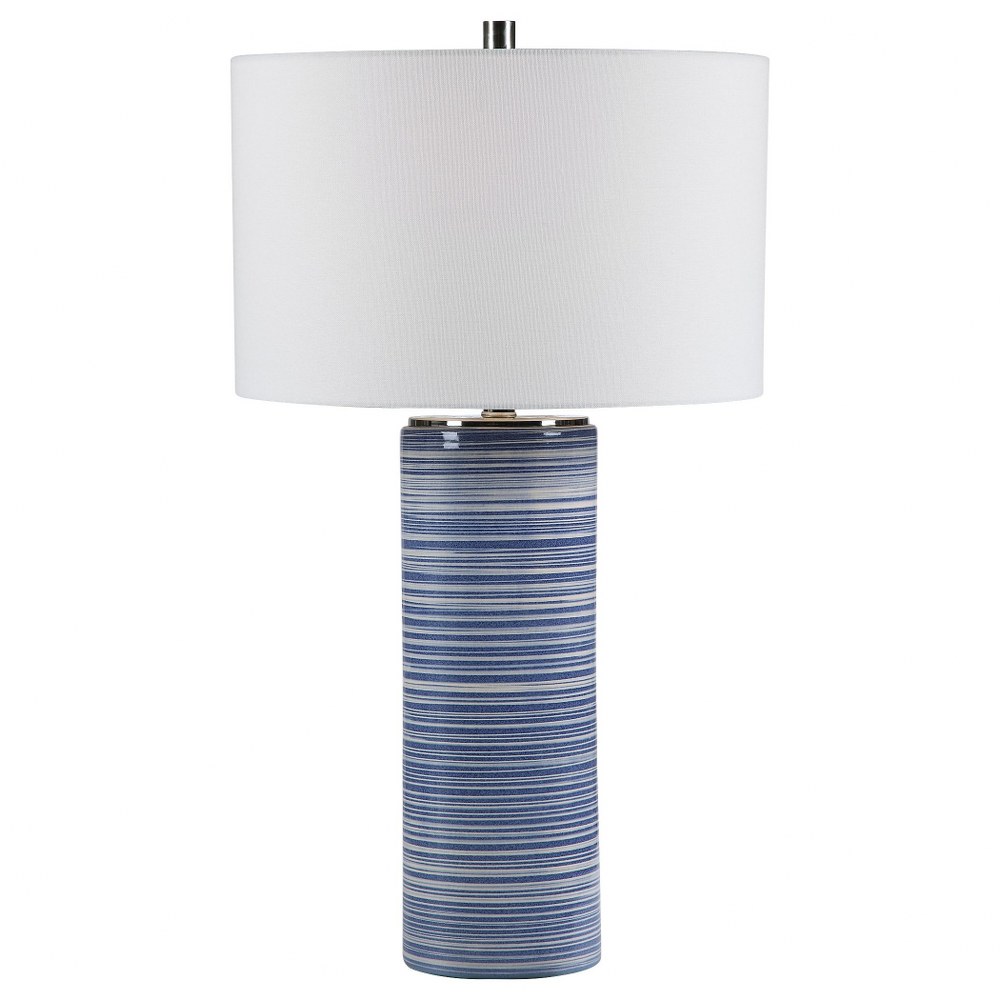 Uttermost-28284-Montauk - 1 Light Table Lamp - 16 inches wide by 16 inches deep   White/Indigo Hue/Polished Nickel Finish with White Linen Fabric Shade