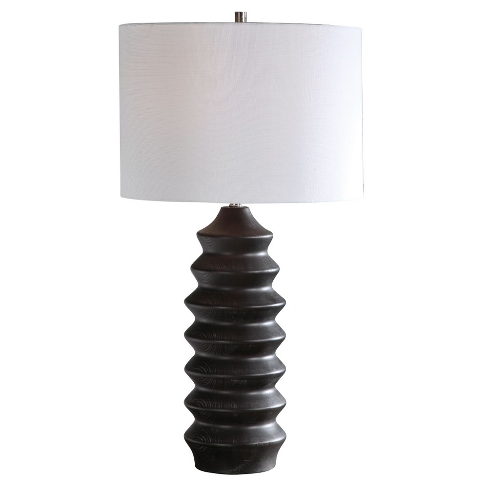 Uttermost-28288-1-Mendocino - 1 Light Modern Table Lamp - 16 inches wide by 16 inches deep   Rustic Black Stain/Wood Grain Finish with White Linen Fabric Shade