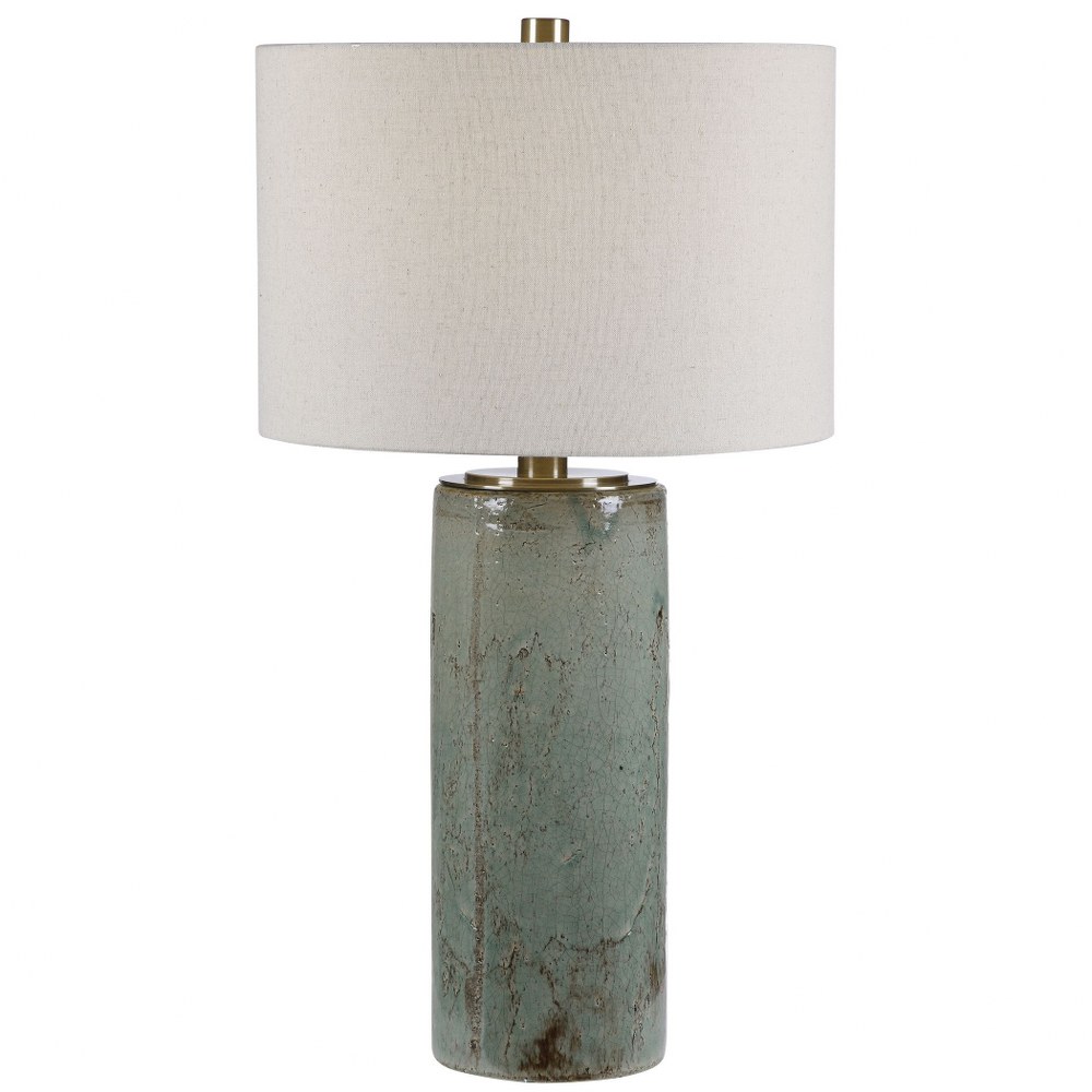 Uttermost-28333-Callais - 1 Light Table Lamp - 18 inches wide by 18 inches deep   Crackled Aqua Blue Glaze/Dark Rustic Bronze Distress/Light Antique Brushed Brass Finish with Light Beige Linen Fabric 