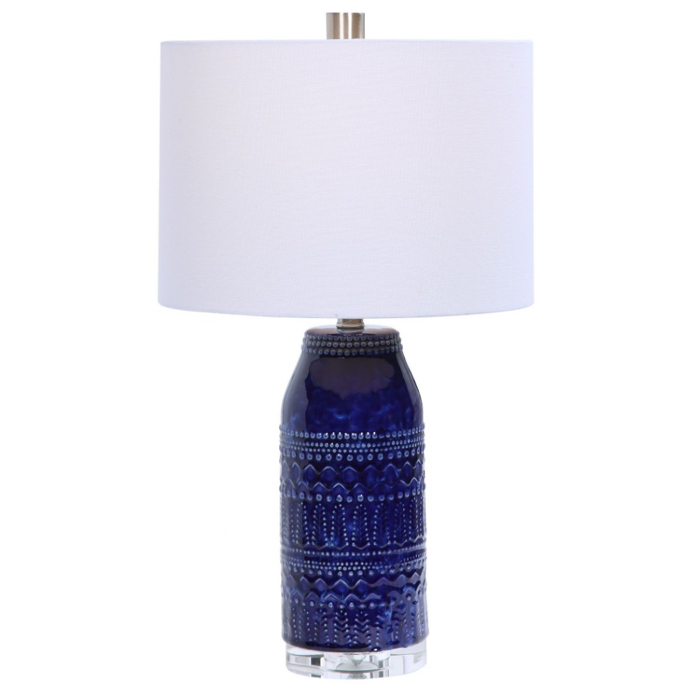 Uttermost-28336-1-Reverie - 1 Light Table Lamp - 14 inches wide by 14 inches deep   Distressed Deep Blue Glaze/Brushed Nickel/Crystal Finish with White Linen Fabric Shade