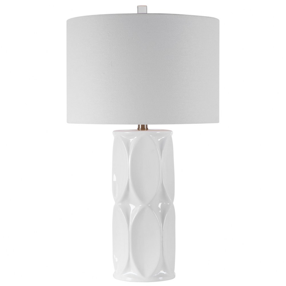 Uttermost-28342-1-Sinclair - 1 Light Table Lamp - 15 inches wide by 15 inches deep   Glossy White Glaze/Brushed Nickel/Crystal Finish with White Linen Fabric Shade