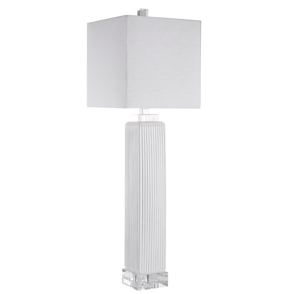 Uttermost-28348-1-Bennett - 1 Light Buffet Lamp   Gloss White Glaze/Brushed Nickel/Crystal Finish with Off-White Linen Fabric Shade