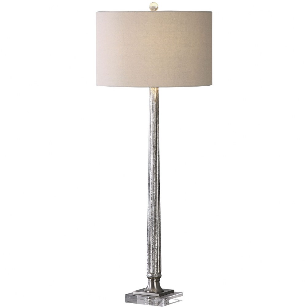 Uttermost-29225-Fiona - 1 Light Table Lamp   Brushed Nickel/Crystal Finish with Ribbed Mercury Glass with Light Gray Linen Fabric Shade