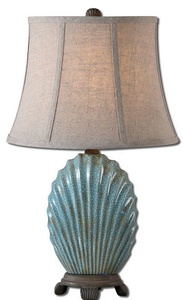 Uttermost-29321-Seashell - 1 Light Buffet Lamp - 13.5 inches wide by 12 inches deep   Crackled Blue Glaze/Rust Wash/Chocolate Bronze Finish with Khaki Linen Fabric Shade