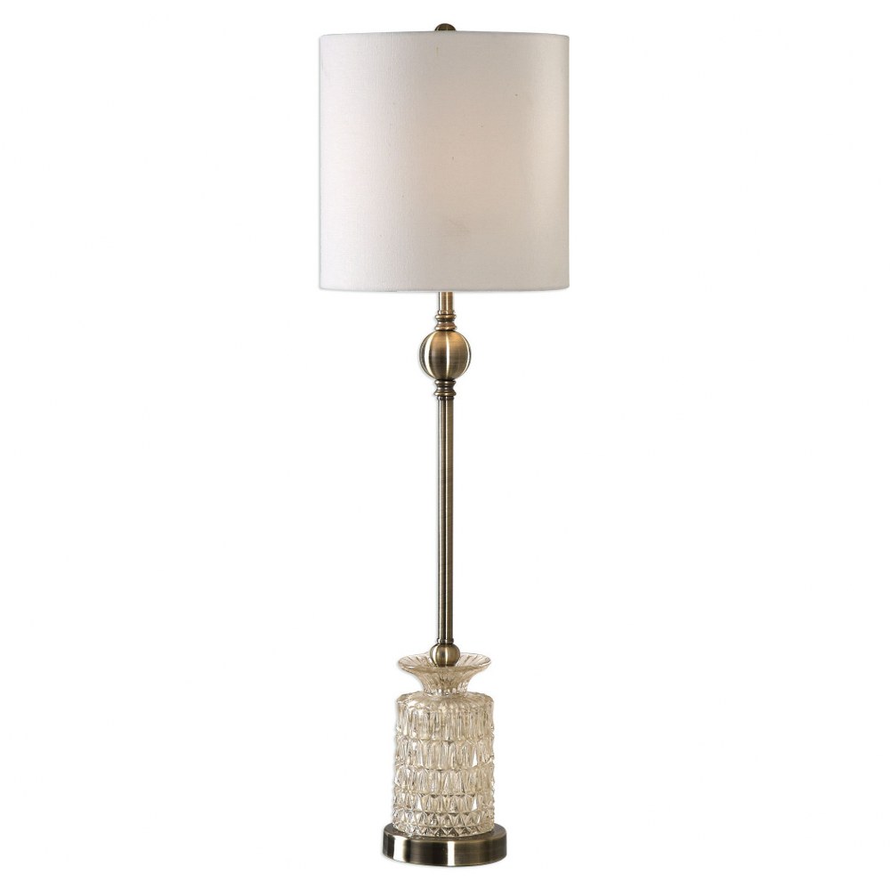 Uttermost-29367-1-Flaviana - 1 Light Buffet Lamp - 10 inches wide by 10 inches deep   Antique Brass Finish with Light Champagne Glass with White Linen Fabric Shade