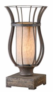 Uttermost-29573-1-Minozzo - 1 Light Accent Lamp   Rustic Bronze Finish with Oatmeal Linen/Metal Cage Shade