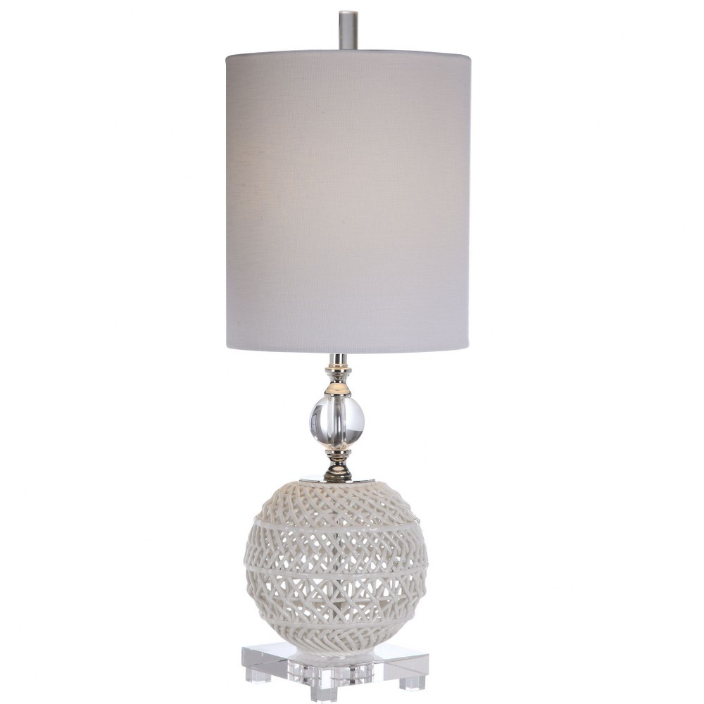 Uttermost-29741-1-Mazarine - 1 Light Buffet Lamp - 10 inches wide by 10 inches deep   Gloss White Glaze/Polished Nickel/Crystal Finish with White Linen Fabric Shade