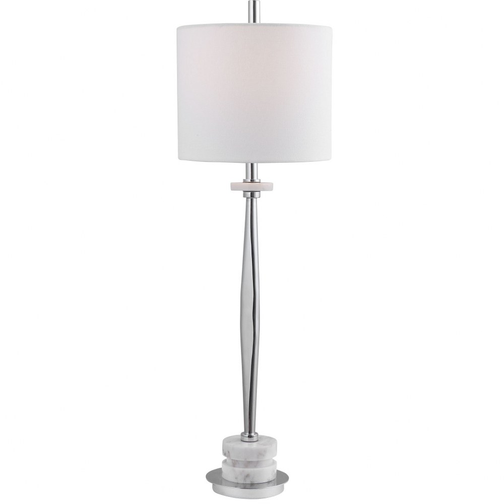 Uttermost-29749-1-Magnus - 1 Light Buffet Lamp   Chrome Plated Iron/Polished White Marble/Light Gray Finish with White Linen Fabric Shade