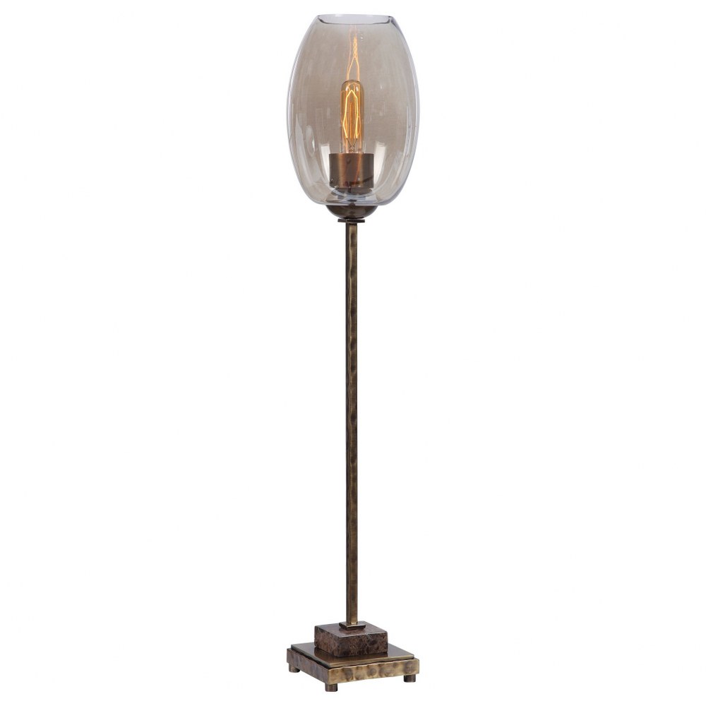 Uttermost-29777-1-Marconi - 1 Light Buffet Lamp   Antique Brushed Brass/Hammered Texture/Brown Marble Finish with Amber Glass