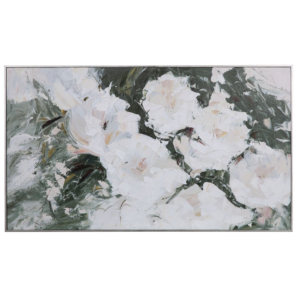 Uttermost-31419-Sweetbay Magnolias - 57 inch Hand Painted Art - 57 inches wide by 2.25 inches deep   Hand Painted/Antique Silver Leaf/Green/White/Neutral Finish