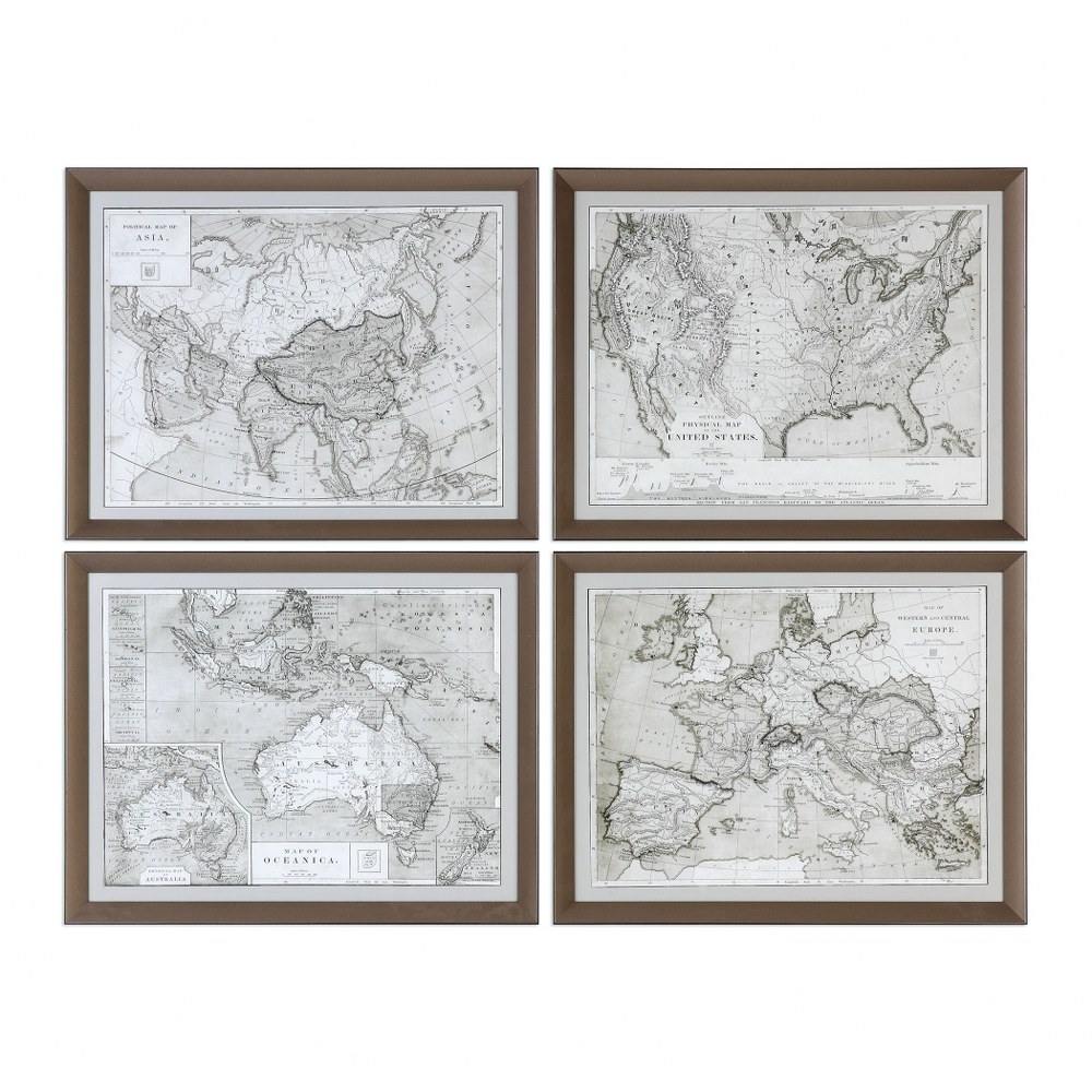 Uttermost-33639-World Maps - 28.13 inch Framed Print (Set of 4) - 28.13 inches wide by 1.75 inches deep   Bronze Finish