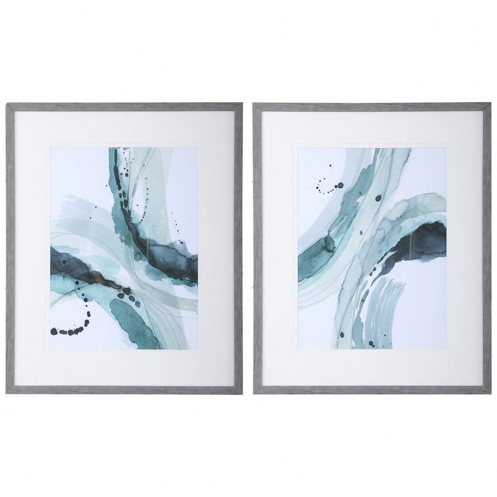 Uttermost-33710-Depth - 33.5 inch Abstract Watercolor Print (Set of 2) - 27.5 inches wide by 1.38 inches deep   Teal/Light Green/Aqua/White/Driftwood Gray Finish