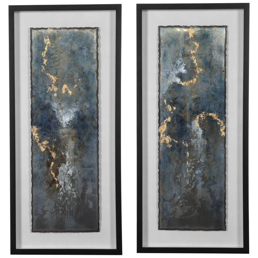 Uttermost-41434-Glimmering Agate - 43.5 Inch Abstract Print (Set of 2)   Black/Oatmeal Linen/Turquoise/Blue/Gold Leaf/White Finish