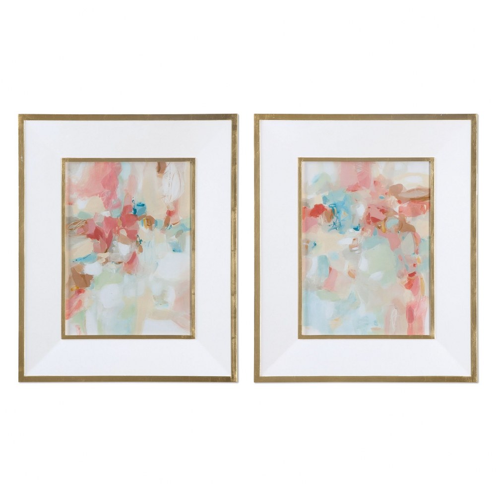 Uttermost-41557-A Touch Of Blush And Rosewood Fences - 33.63 inch Abstract Art (Set of 2)   Gold Leaf/Gloss White Finish