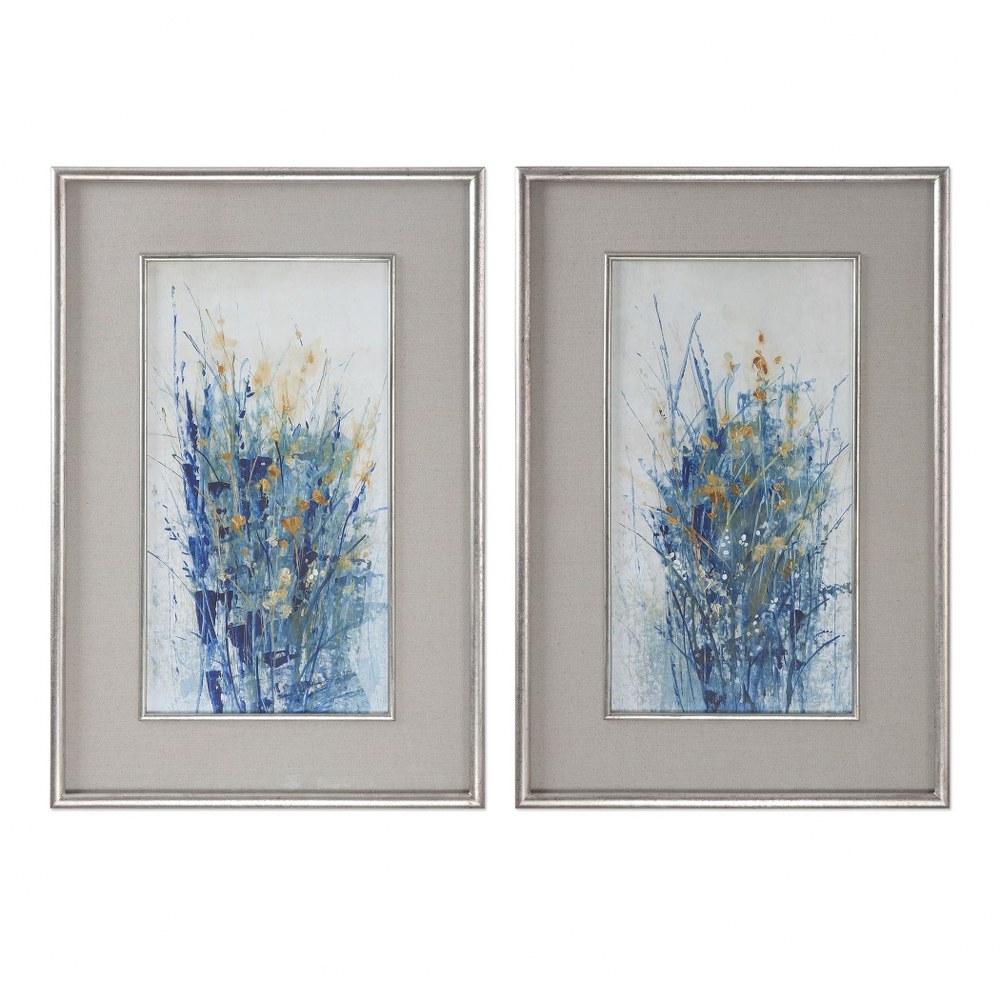 Uttermost-41558-Indigo Florals - 41.5 inch Framed Art (Set of 2)   Pale Gray Linen/Distressed Silver/Dark Gray Finish