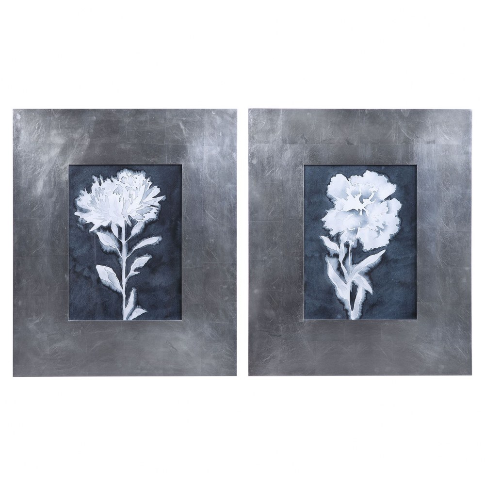 Uttermost-41612-Dream Leaves - 39.75 inch Floral Print (Set of 2)   Navy/White/Gray/Silver Finish