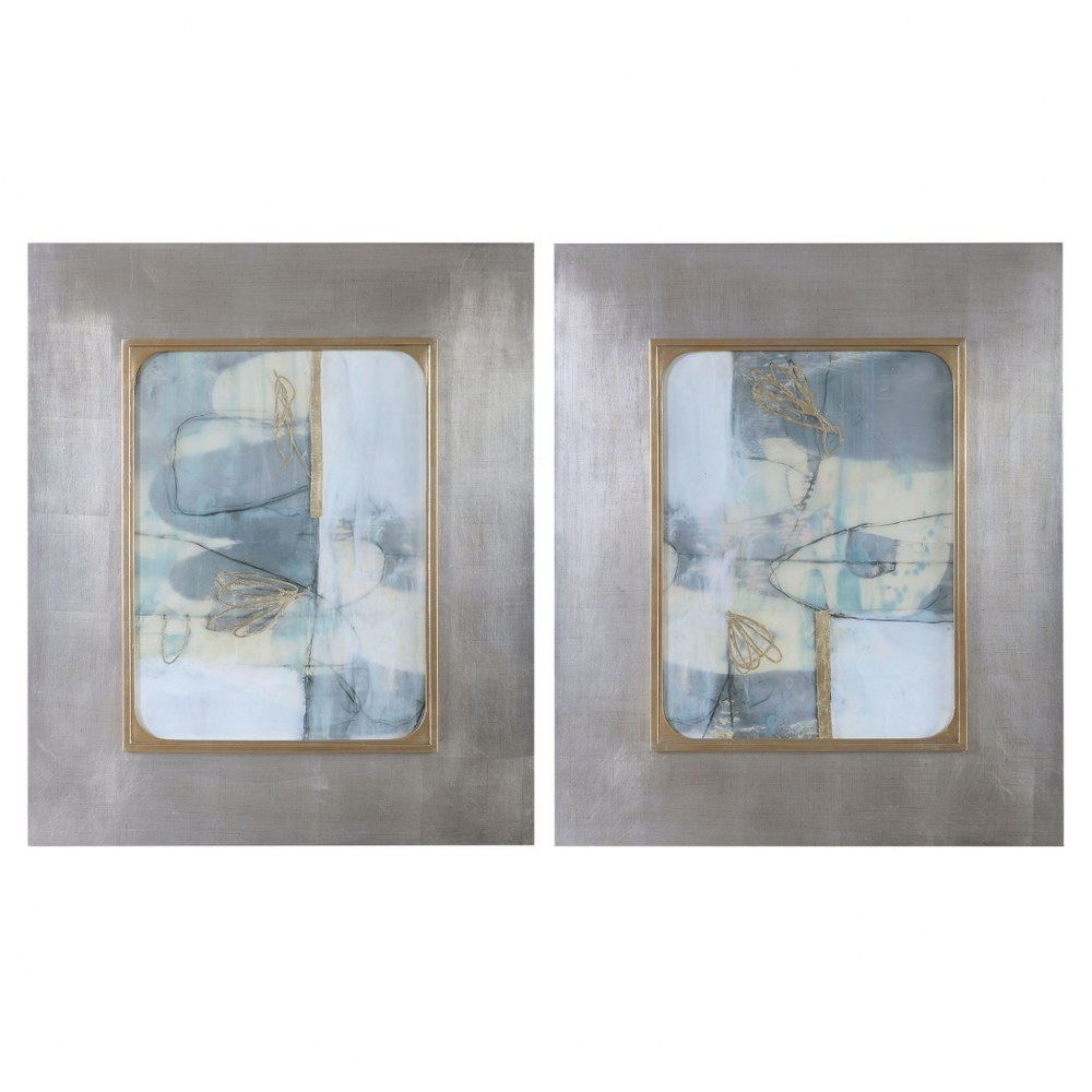 Uttermost-41613-Gilded Whimsy - 36.5 inch Abstract Print (Set of 2)   Light Blue/Gray/Taupe/Gold Leaf/Silver Leaf Finish