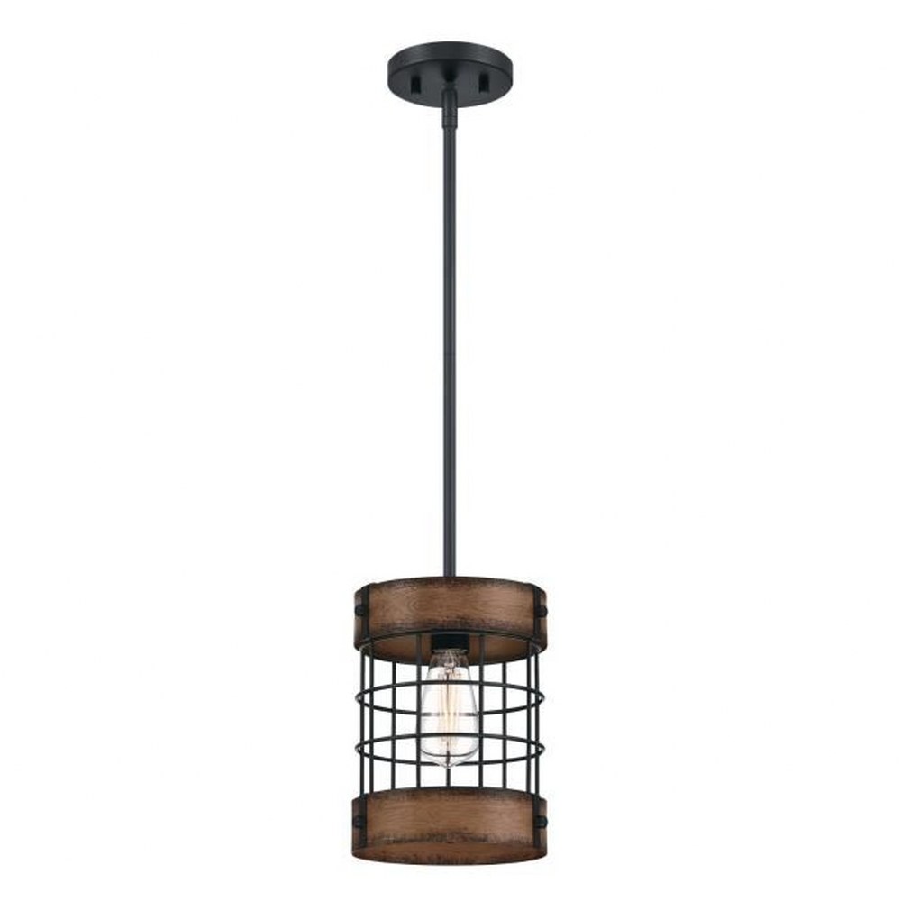 Westinghouse Lighting-6117900-Langston - 1 Light Pendant In Vintage Style-9.75 Inches Tall and 8.25 Inches Wide Matte Black Barn Wood Matte Black/Barnwood Finish with Cage Shade