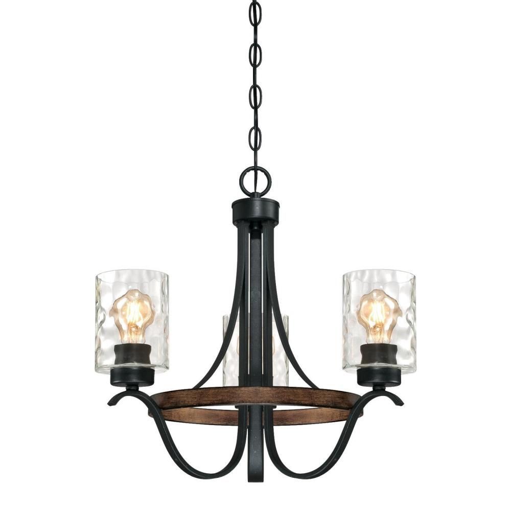 Westinghouse Lighting-6331800-Barnwell - Three Light Chandelier   Textured Iron/BarnWood Finish with Clear Hammered Glass