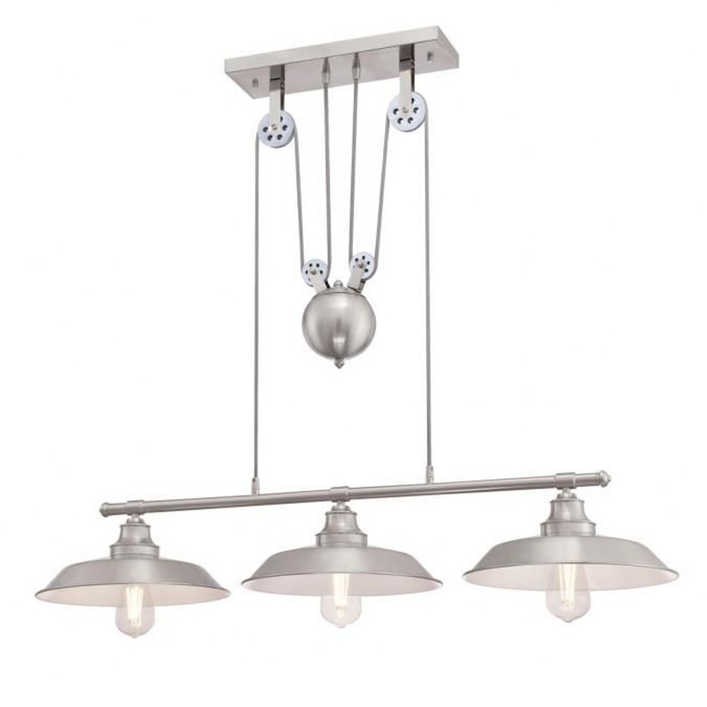 Westinghouse Lighting-6369900-Iron Hill - Three Light Island Pulley Pendant   Brushed Nickel Finish with Metal Shade