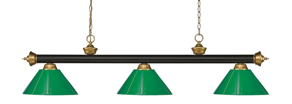 Z-Lite-200-3BRZ+SG-PGR-Riviera - 3 Light Island/Billiard in Craftsman Style - 16 Inches Wide by 16 Inches High Green Glass  Bronze/Satin Gold Finish with Multi Colored Tiffany Glass