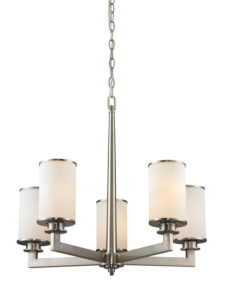 Z-Lite-412-5-Savannah - 5 Light Chandelier In Midcentury Style-22 Inches Tall and 23.88 Inches Wide   Brushed Nickel Finish with Matte Opal Glass