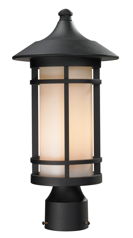 Z-Lite-527PHM-BK-Woodland - 1 Light Outdoor Post Mount Lantern in Art Deco Style - 8.13 Inches Wide by 16.63 Inches High   Black Finish with Matte Opal Glass