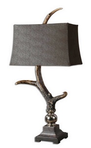 Uttermost-27960-Stag Horn - One Light Table Lamp - 19 inches wide by 12 inches deep   Burnished Bone Ivory/Crackled Woodtone/Cast Aluminum Finish with Sueded Chocolate Fabric Shade